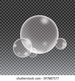 Soap water bubbles on checkered background, vector illustration.