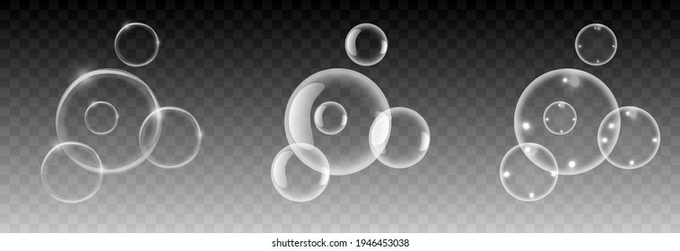 Soap And Water Bubbles. Three Types Of The Bubbles. Realistic Bubbles. Bubbles With Reflection. Decor Elements. Vector Illustration. PNG. Transparent Background. 