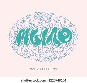 Soap written in Russian. Custom cyrillic lettering for your design with decorative background. Bubbles, splashes, dots. Can be printed on labels, paper, banners, packaging, etc.