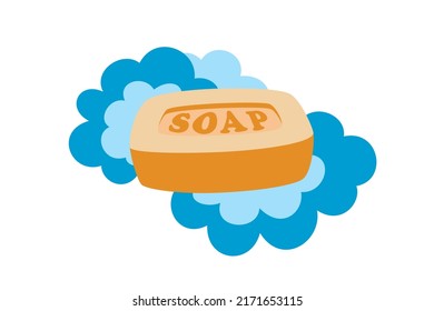 Soap yellow bar with blue bubbles, isolated on white, vector icon. Flat cartoon illustration, clipart.