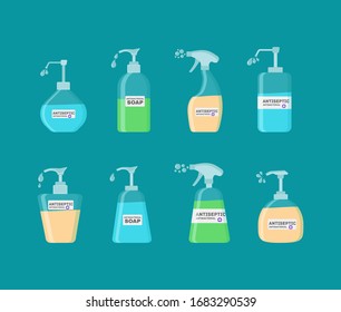 Soap,Antiseptic Gel and other Hygienic Products from coronavirus. Antiseptic spray in flask kills bacteria.Hygiene Icons Set.Antibacterial concept.Alcohol liquid,pump spray bottle.Vector illustration.