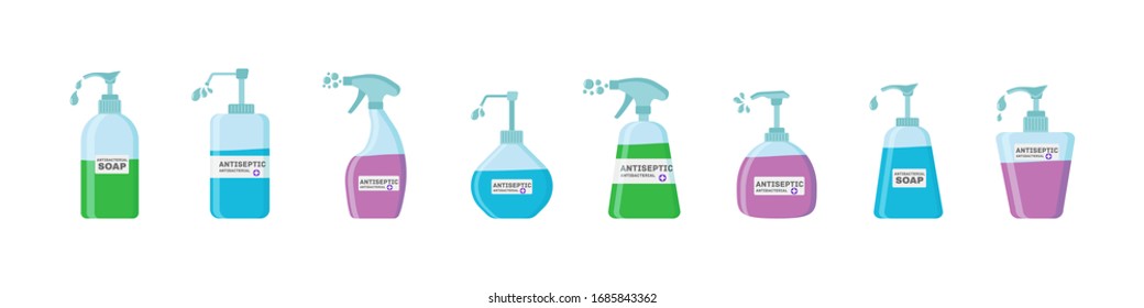 Soap,Antiseptic Gel and other Hygienic Products from coronavirus. Antibacterial concept.Hygiene Icons Set.Antiseptic spray in flask kills bacteria.Alcohol liquid,pump spray bottle.Vector illustration.