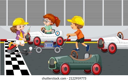 Escena de Soapbox derby con niños arreglando la ilustración de un auto de carrera