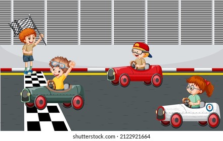 Escena de Soapbox derby con dibujos de coches de carreras para niños