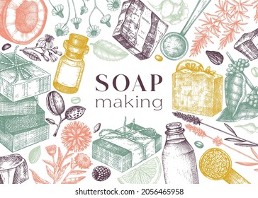 Soap-making ingredients banner in color. Hand-sketched aromatic materials for cosmetics, perfumery, soap. Great for branding, packaging, identity, web design. Colorful bars of soap template