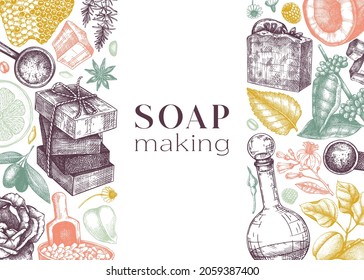 Soap-making ingredients banner in color. Hand-sketched aromatic materials for cosmetics, perfumery, soap. Great for branding, packaging, identity, web design. Colorful bars of soap template