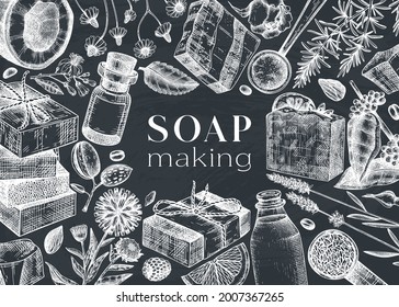 Soap-making ingredients frame on a chalkboard. Hand-sketched aromatic materials for cosmetics, perfumery, soap. Great for branding, packaging, identity, web design. Vintage bars of soap sketch