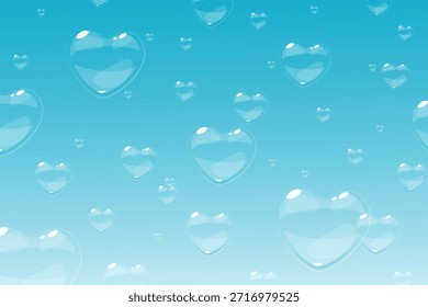Burbujas de aire jabonoso de espuma de jabón o champú en forma de corazón de amor se elevan al cielo. Patrón sin fisuras Suds. Reflejo de espuma de detergente. Bolas flotantes. Espuma de ducha azul romántico. Vector de fondo