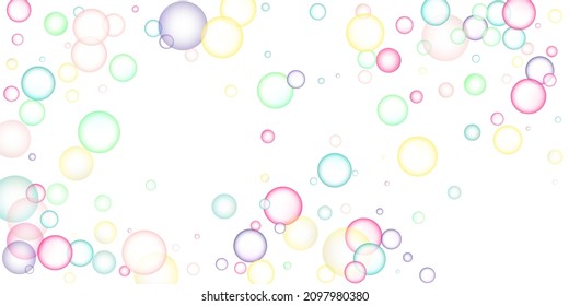 Las burbujas multicolores brillantes y rápidas vuelan al azar sobre un fondo blanco. Ilustración del vector