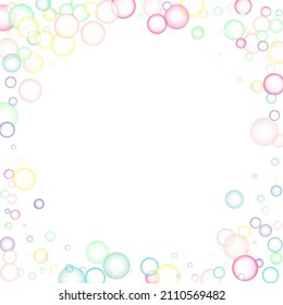 Soapy bright multicolored bubbles fly randomly on a white background. Vector illustration