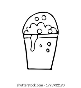 Soapy cleaning bucket with foam and bubbles. Doodle bucket icon with soap and bubbles