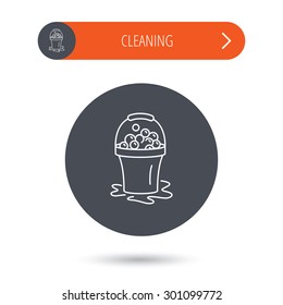 Soapy cleaning icon. Bucket with foam and bubbles sign. Gray flat circle button. Orange button with arrow. Vector