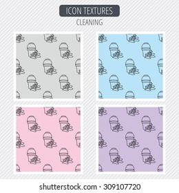 Soapy cleaning icon. Bucket with foam and bubbles sign. Diagonal lines texture. Seamless patterns set. Vector