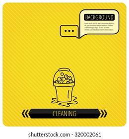 Soapy cleaning icon. Bucket with foam and bubbles sign. Chat speech bubbles. Orange line background. Vector
