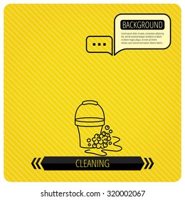 Soapy cleaning icon. Bucket with foam and bubbles sign. Chat speech bubbles. Orange line background. Vector