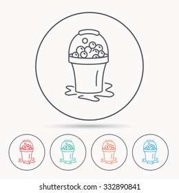 Soapy cleaning icon. Bucket with foam and bubbles sign. Linear circle icons.