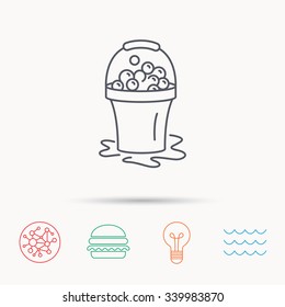 Soapy cleaning icon. Bucket with foam and bubbles sign. Global connect network, ocean wave and burger icons. Lightbulb lamp symbol.