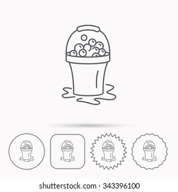 Soapy cleaning icon. Bucket with foam and bubbles sign. Linear circle, square and star buttons with icons.