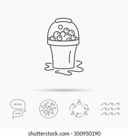 Soapy cleaning icon. Bucket with foam and bubbles sign. Global connect network, ocean wave and chat dialog icons. Teamwork symbol.