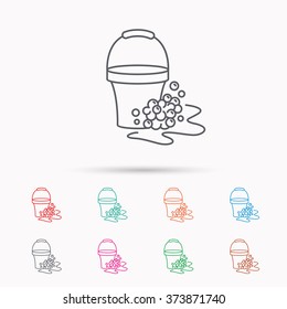 Soapy cleaning icon. Bucket with foam and bubbles sign. Linear icons on white background.