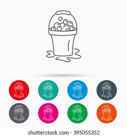 Soapy cleaning icon. Bucket with foam and bubbles sign. Linear icons in circles on white background.
