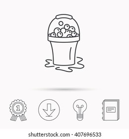 Soapy cleaning icon. Bucket with foam and bubbles sign. Download arrow, lamp, learn book and award medal icons.