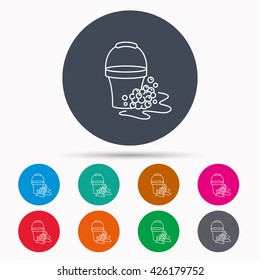 Soapy cleaning icon. Bucket with foam and bubbles sign. Icons in colour circle buttons. Vector
