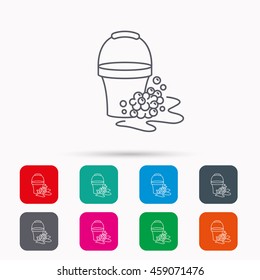 Soapy cleaning icon. Bucket with foam and bubbles sign. Linear icons in squares on white background. Flat web symbols. Vector