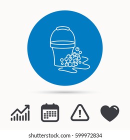 Soapy cleaning icon. Bucket with foam and bubbles sign. Calendar, attention sign and growth chart. Button with web icon. Vector
