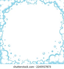 Espuma de jabón con burbujas. Marco de champú de dibujos animados y sándwiches de espuma para afeitarse. Borde de nubes. Ilustración vectorial.