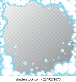 Soapy foam with bubbles. Frame of cartoon shampoo and shaving mousse foam suds. Clouds border. Vector illustration.