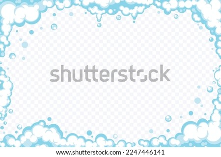 Soapy foam with bubbles. Frame of cartoon shampoo and shaving mousse foam suds. Clouds border. Vector illustration.