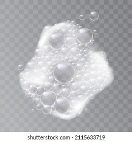 Soapy water with bubbles, lather liquid washing and cleaning, hygiene and cleanliness. Vector splashes and soap detergent, bubbly foamy water. Suds isolated on transparent background, realistic foam