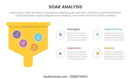 Infografía del marco de análisis SOAR con caja de embudo en negrita con concepto de lista de 4 puntos para el Vector de presentación de diapositivas