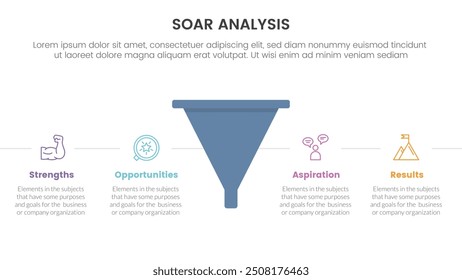 soar analysis framework infographic with funnel shape with horizontal point description with 4 point list concept for slide presentation vector