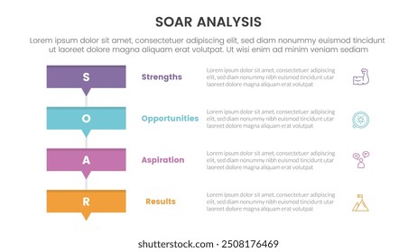 soar analysis framework infographic with rectangle box stack with small arrow bottom with 4 point list concept for slide presentation vector