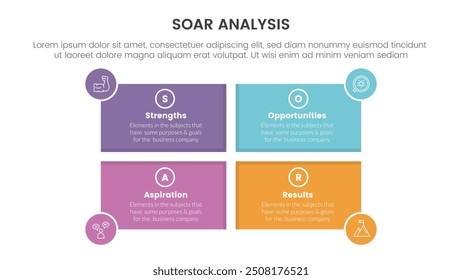 soar analysis framework infographic with rectangle shape and circle badge on edge with 4 point list concept for slide presentation vector