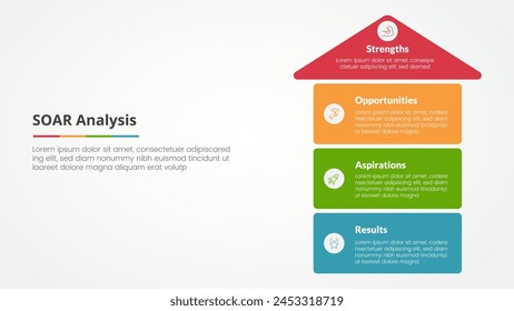 SOAR analysis infographic concept for slide presentation with arrow top direction and box stack structure with 4 point list with flat style vector