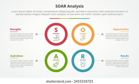 SOAR-Analyse Infografik-Konzept für Diapräsentation mit Großkreisumriss und quadratischer Struktur mit 4-Punkt-Liste mit flacher Stil-Vektorgrafik