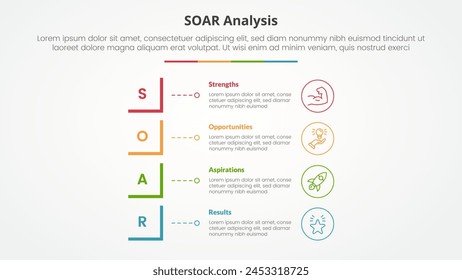 SOAR analysis infographic concept for slide presentation with modified square shape vertical stack with 4 point list with flat style vector