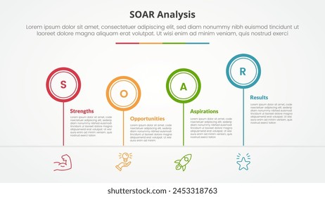 SOAR analysis infographic concept for slide presentation with outline circle timeline up and down with 4 point list with flat style vector