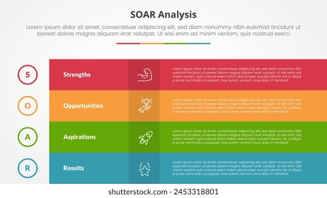 SOAR analysis infographic concept for slide presentation with box table fullpage colorful with 4 point list with flat style vector