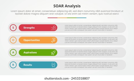 SOAR analysis infographic concept for slide presentation with long round rectangle box stack with 4 point list with flat style vector