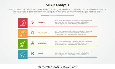 Concepto de infografía de análisis SOAR para presentación de diapositivas con pila de rectángulo creativo en caja con lista de 4 puntos con Vector de estilo plano