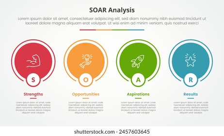 SOAR-Analyse Infografik-Konzept für Diapräsentation mit Großkreisumriss in Horizontaler Richtung mit 4-Punkt-Liste mit flacher Vektorgrafik