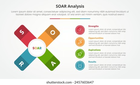 SOAR analysis infographic concept for slide presentation with x cross shape with vertical description with 4 point list with flat style vector