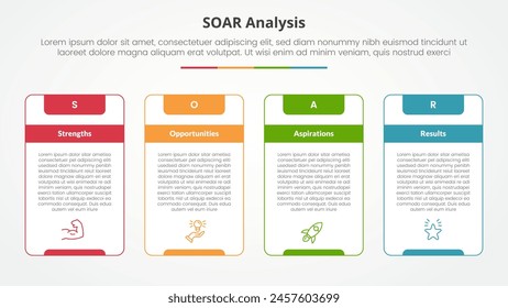 SOAR analysis infographic concept for slide presentation with big outline table box and strong header with 4 point list with flat style vector