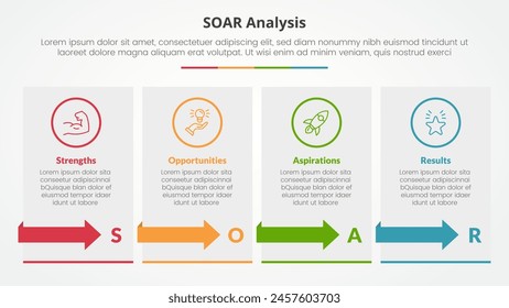 Concepto de infografía de análisis SOAR para presentación de diapositivas con mesa de caja con flecha con lista de 4 puntos con Vector de estilo plano