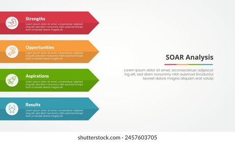 Concepto de infografía de análisis SOAR para presentación de diapositivas con flecha rectangular en el lado izquierdo con lista de 4 puntos con Vector de estilo plano