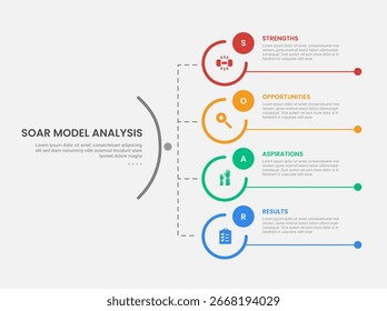Análisis de modelo SOAR estilo de esquema de infografía con estructura de Vertical de círculo grande conexión de línea Plantilla de 4 puntos con para presentación de diapositivas Vector